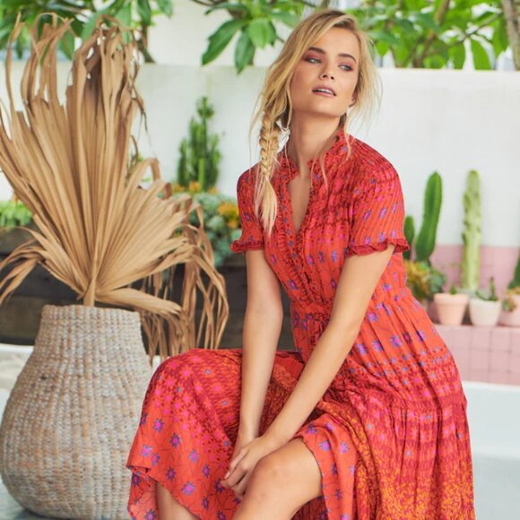 Free People Rare Feeling Tiered  Maxi Dress "Red Combo" - Picture 3 of 8